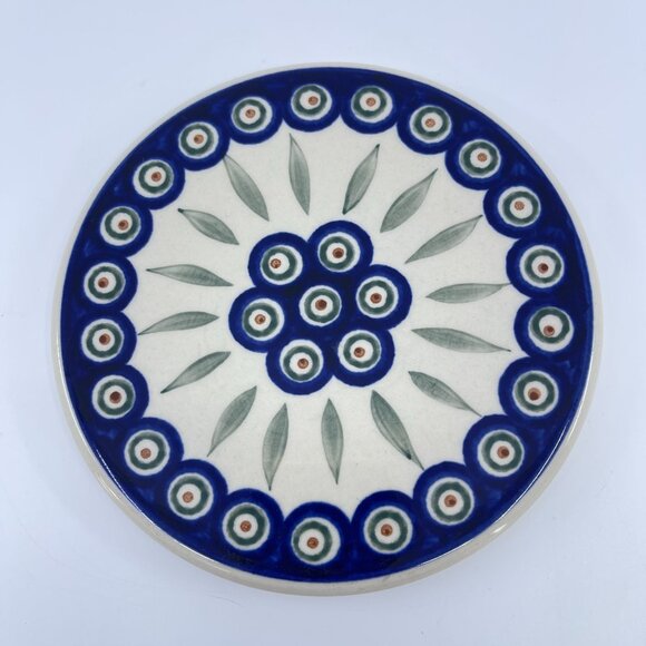 vintage boleslawiec polish pottery trivet "peacock" pattern handcrafted 6 1/2" - Picture 1 of 3